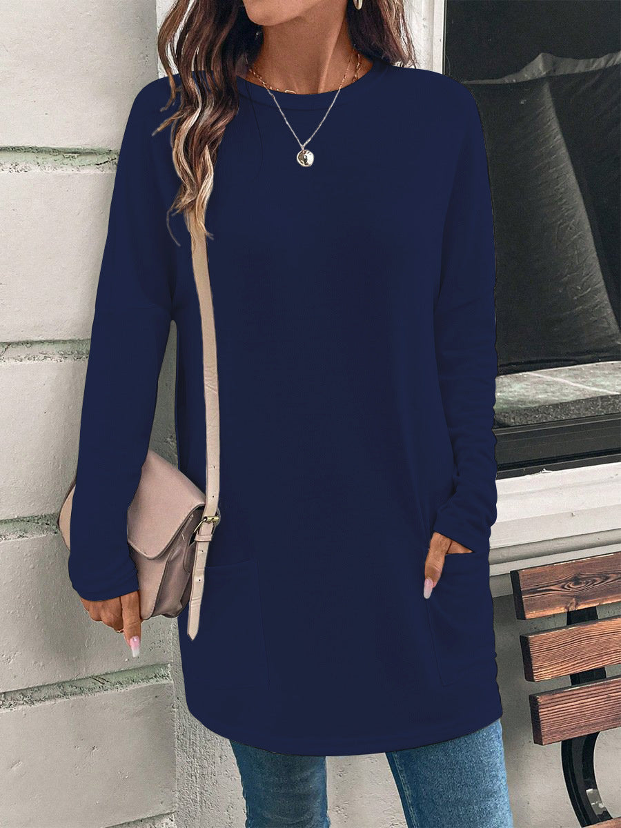 Women's Loose Fit Long Tunic Top with Round Neck, Side Pockets, and Soft Jersey Fabric
