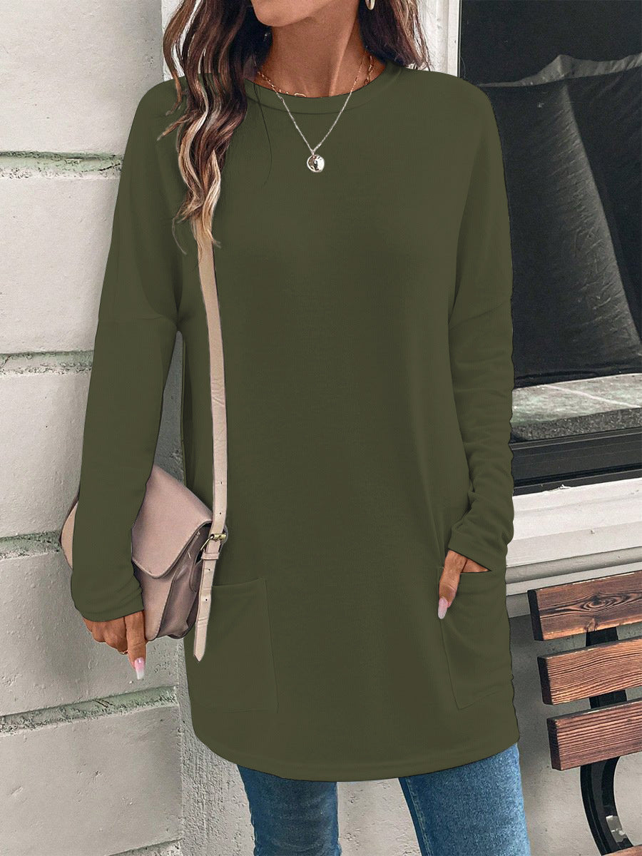 Women's Loose Fit Long Tunic Top with Round Neck, Side Pockets, and Soft Jersey Fabric