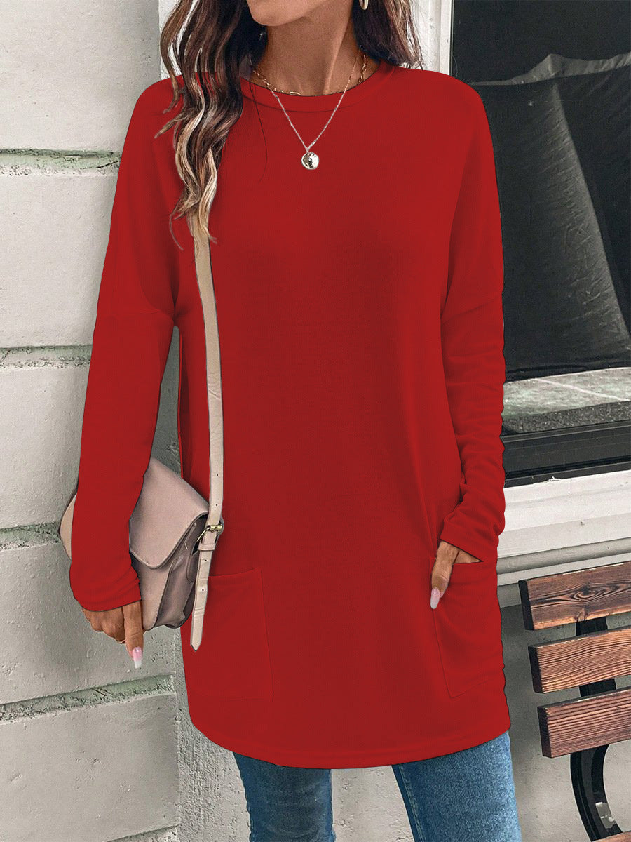 Women's Loose Fit Long Tunic Top with Round Neck, Side Pockets, and Soft Jersey Fabric