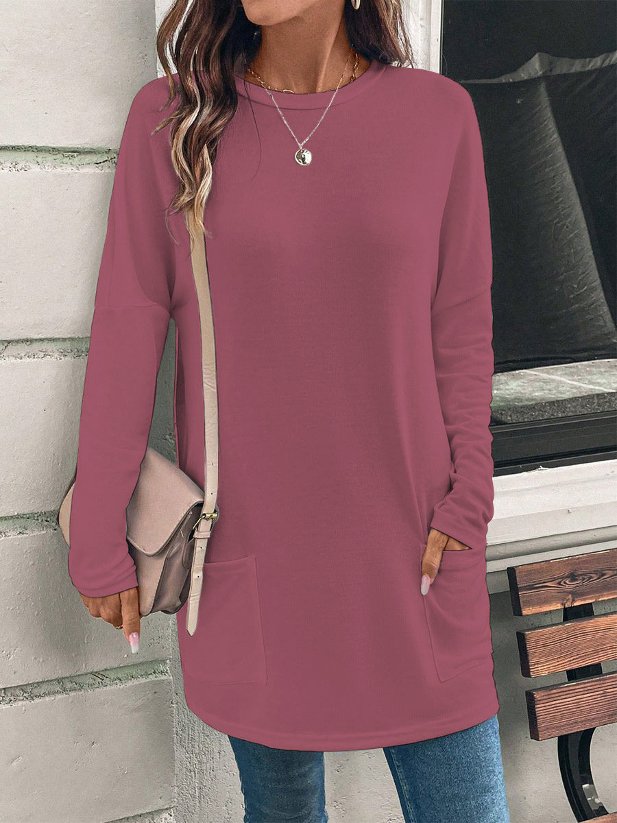 Women's Loose Fit Long Tunic Top with Round Neck, Side Pockets, and Soft Jersey Fabric