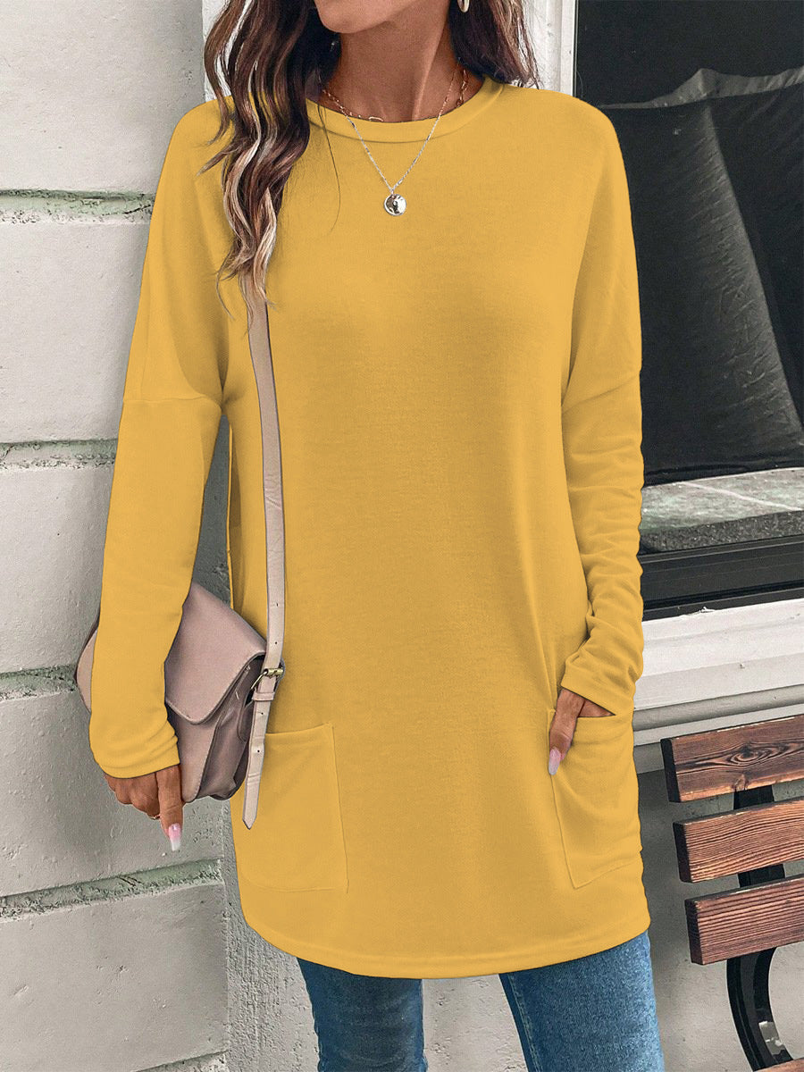 Women's Loose Fit Long Tunic Top with Round Neck, Side Pockets, and Soft Jersey Fabric
