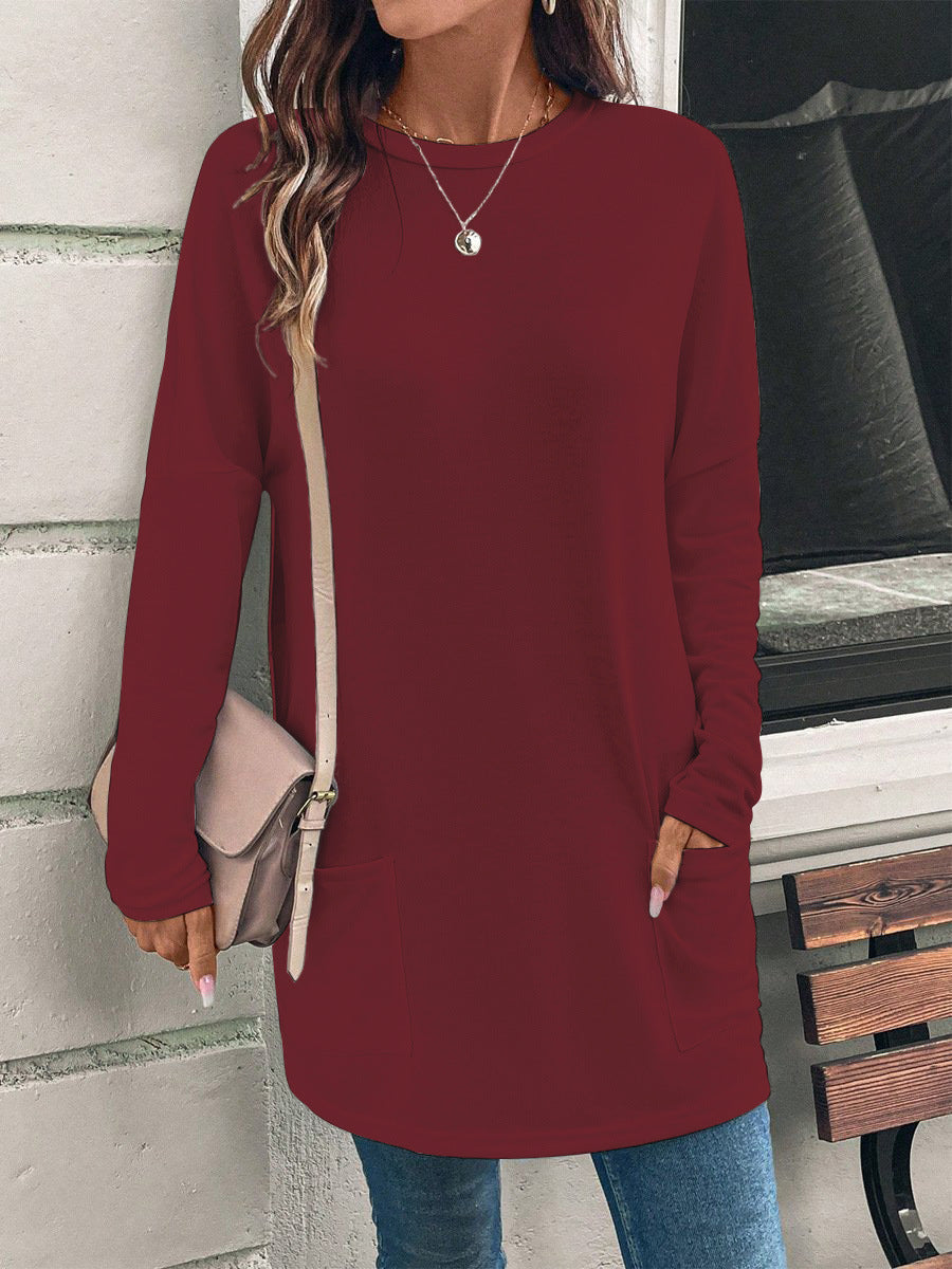 Women's Loose Fit Long Tunic Top with Round Neck, Side Pockets, and Soft Jersey Fabric