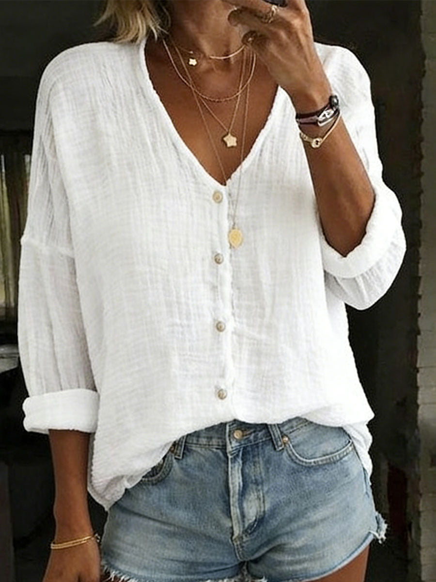 Women's Loose Solid Color Cotton-Linen Long-Sleeve Shirt
