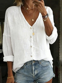 Women's Loose Solid Color Cotton-Linen Long-Sleeve Shirt