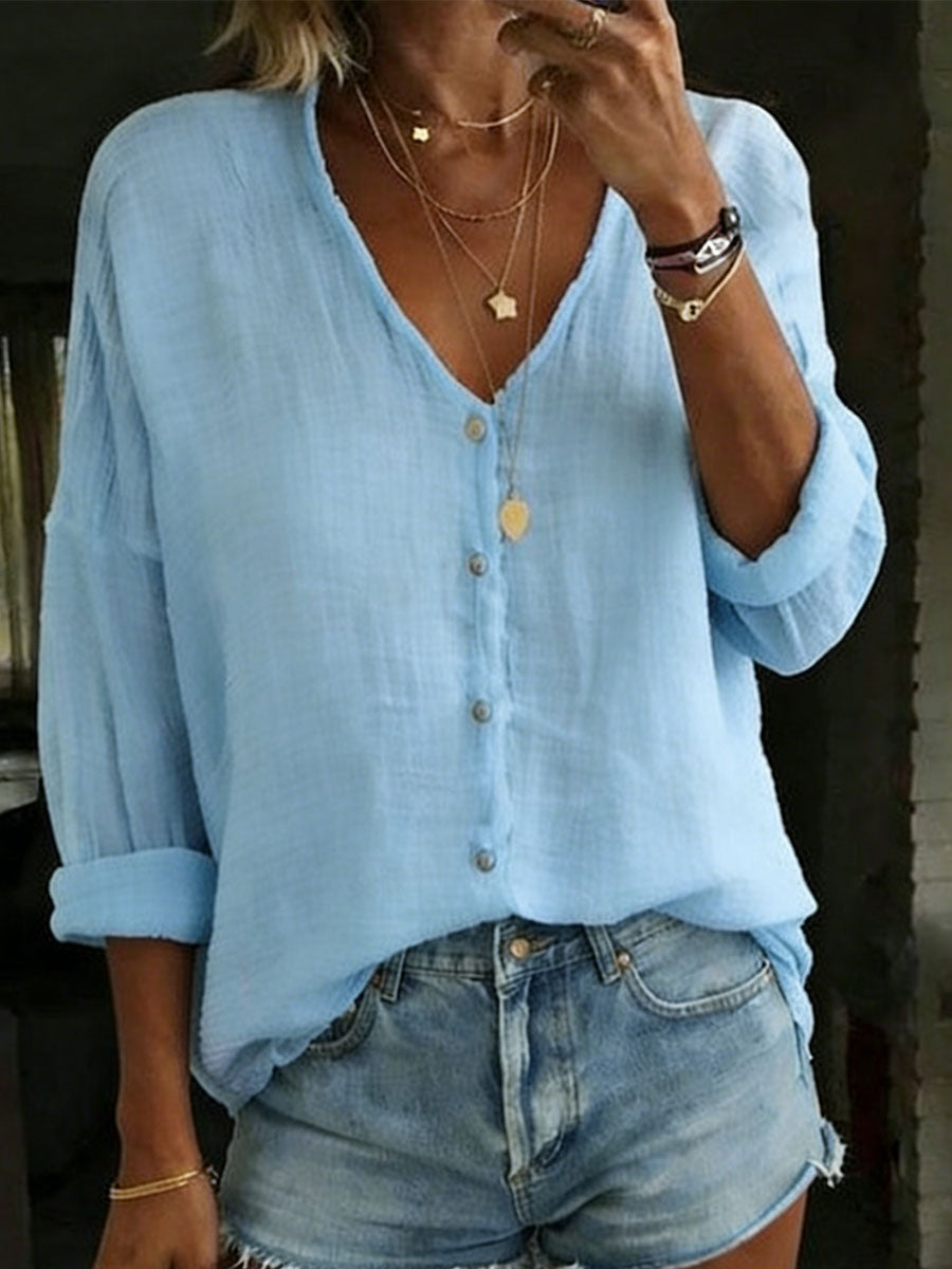 Women's Loose Solid Color Cotton-Linen Long-Sleeve Shirt