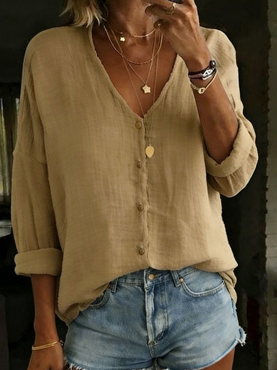 Women's Loose Solid Color Cotton-Linen Long-Sleeve Shirt
