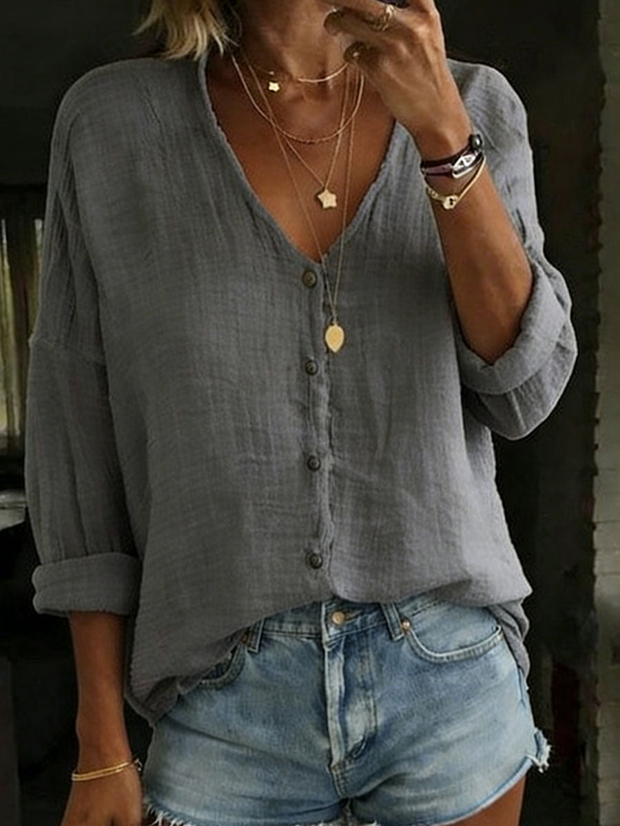 Women's Loose Solid Color Cotton-Linen Long-Sleeve Shirt