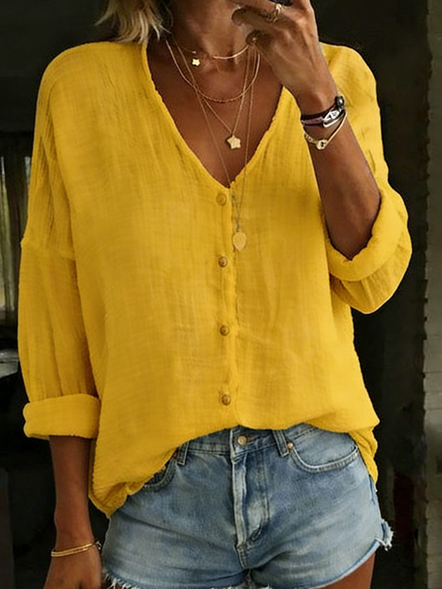Women's Loose Solid Color Cotton-Linen Long-Sleeve Shirt
