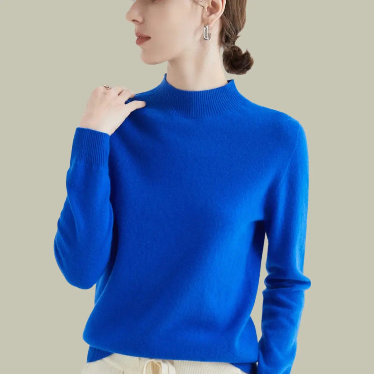 Pull en maille à manches longues pour femme, en laine mérinos, à col montant