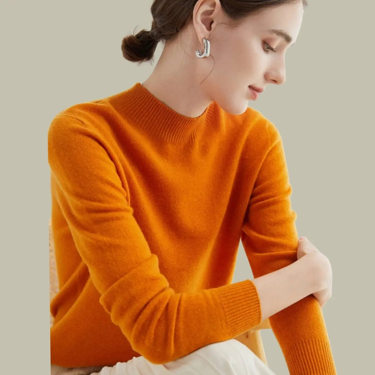 Pull en maille à manches longues pour femme, en laine mérinos, à col montant