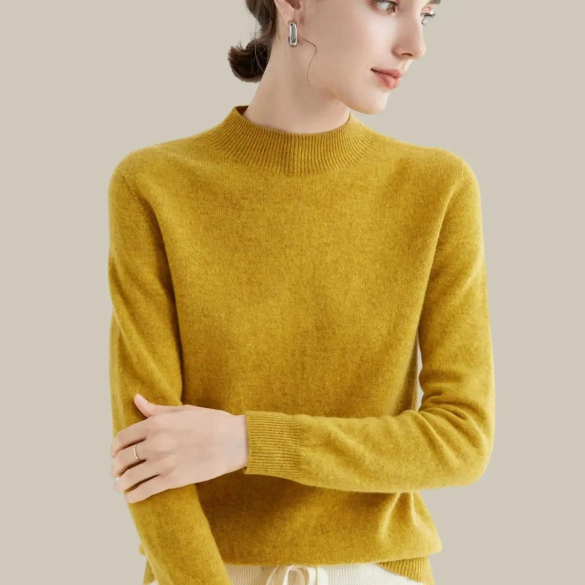 Pull en maille à manches longues pour femme, en laine mérinos, à col montant