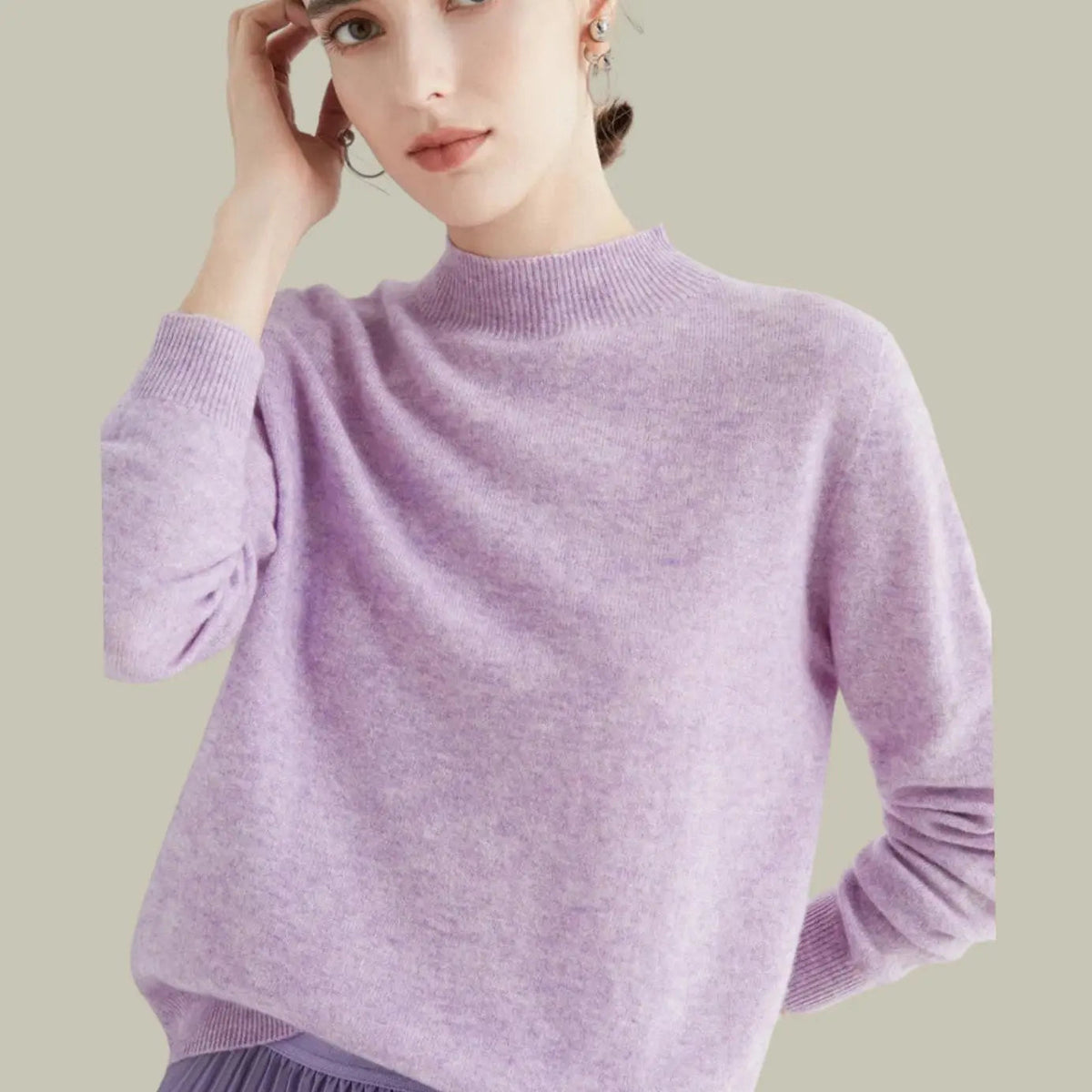 Pull en maille à manches longues pour femme, en laine mérinos, à col montant