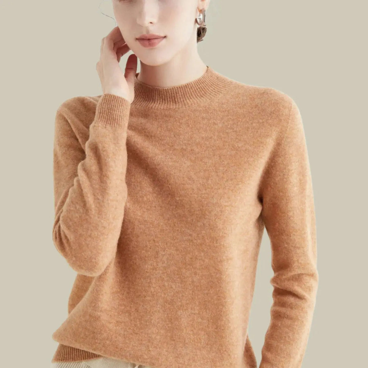 Pull en maille à manches longues pour femme, en laine mérinos, à col montant