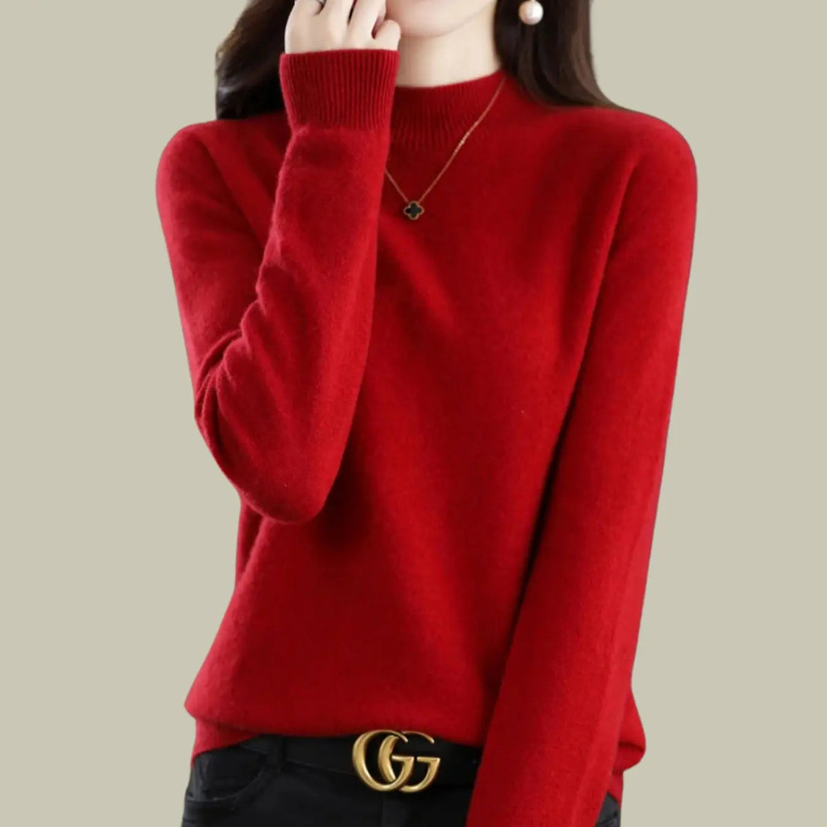 Pull en maille à manches longues pour femme, en laine mérinos, à col montant
