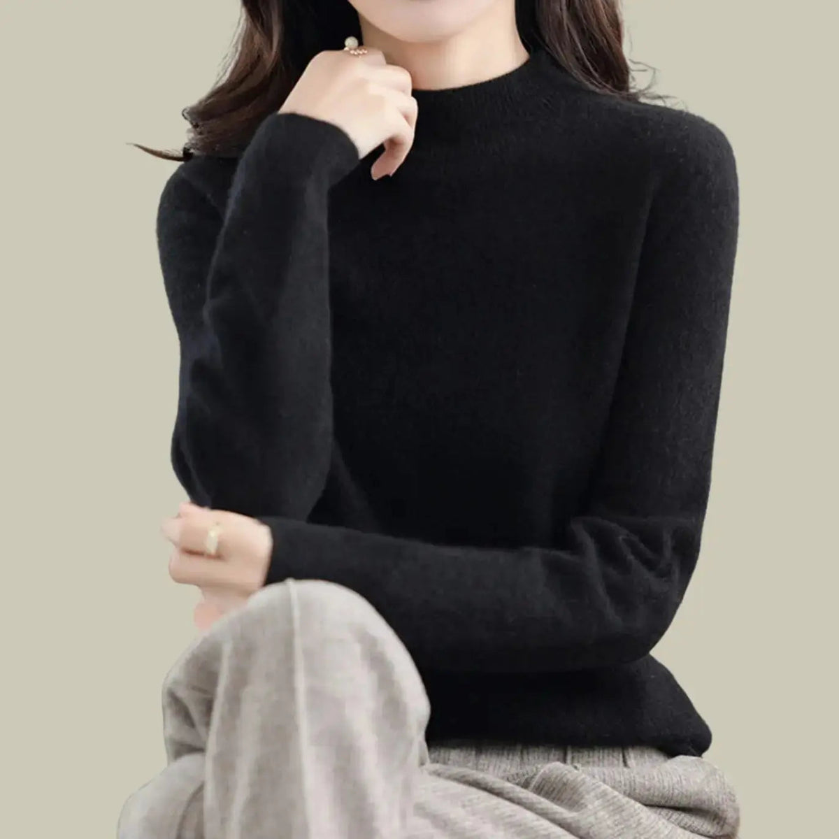 Pull en maille à manches longues pour femme, en laine mérinos, à col montant