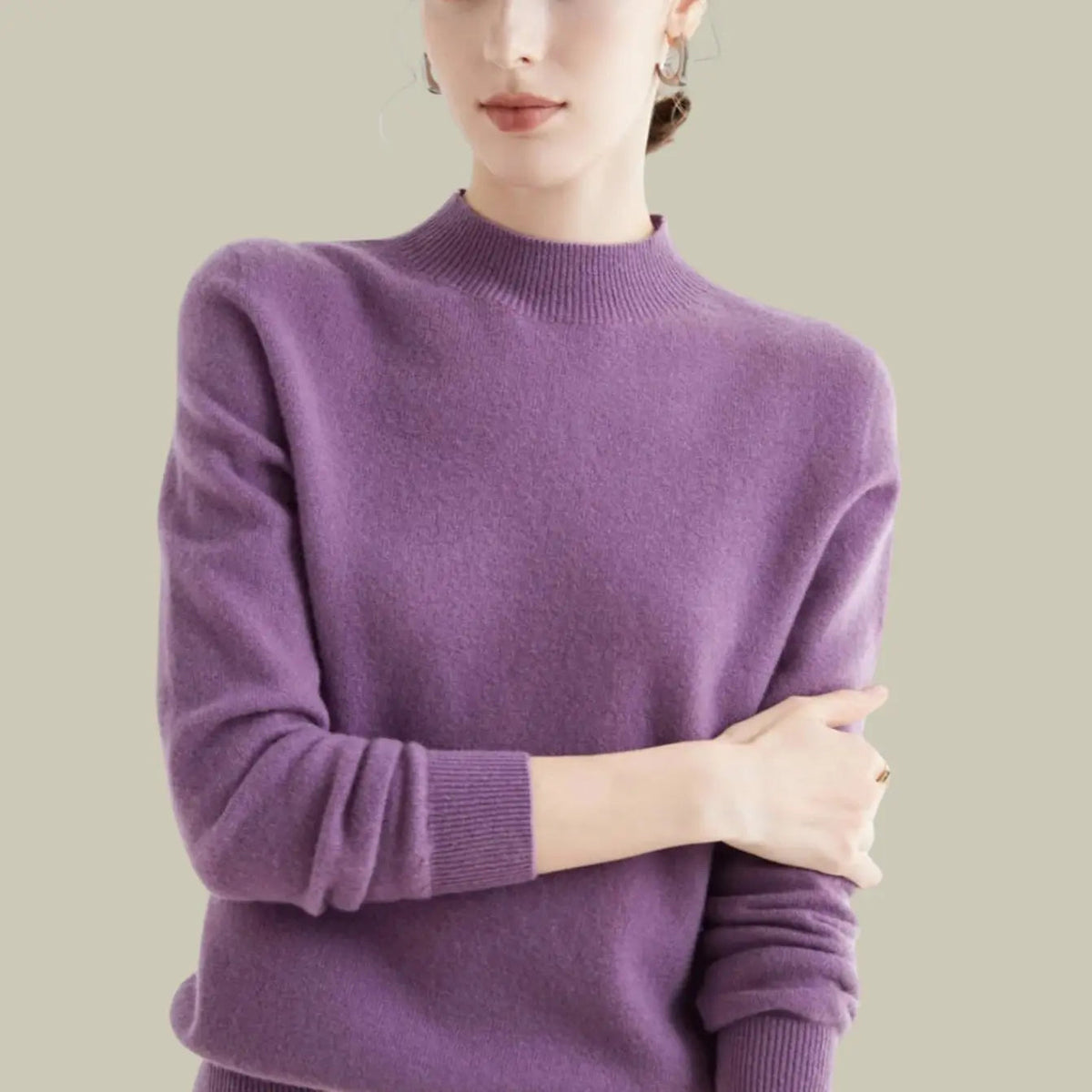 Pull en maille à manches longues pour femme, en laine mérinos, à col montant