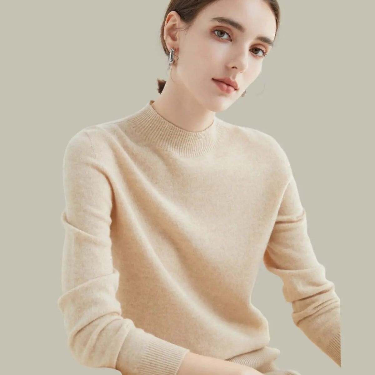 Pull en maille à manches longues pour femme, en laine mérinos, à col montant
