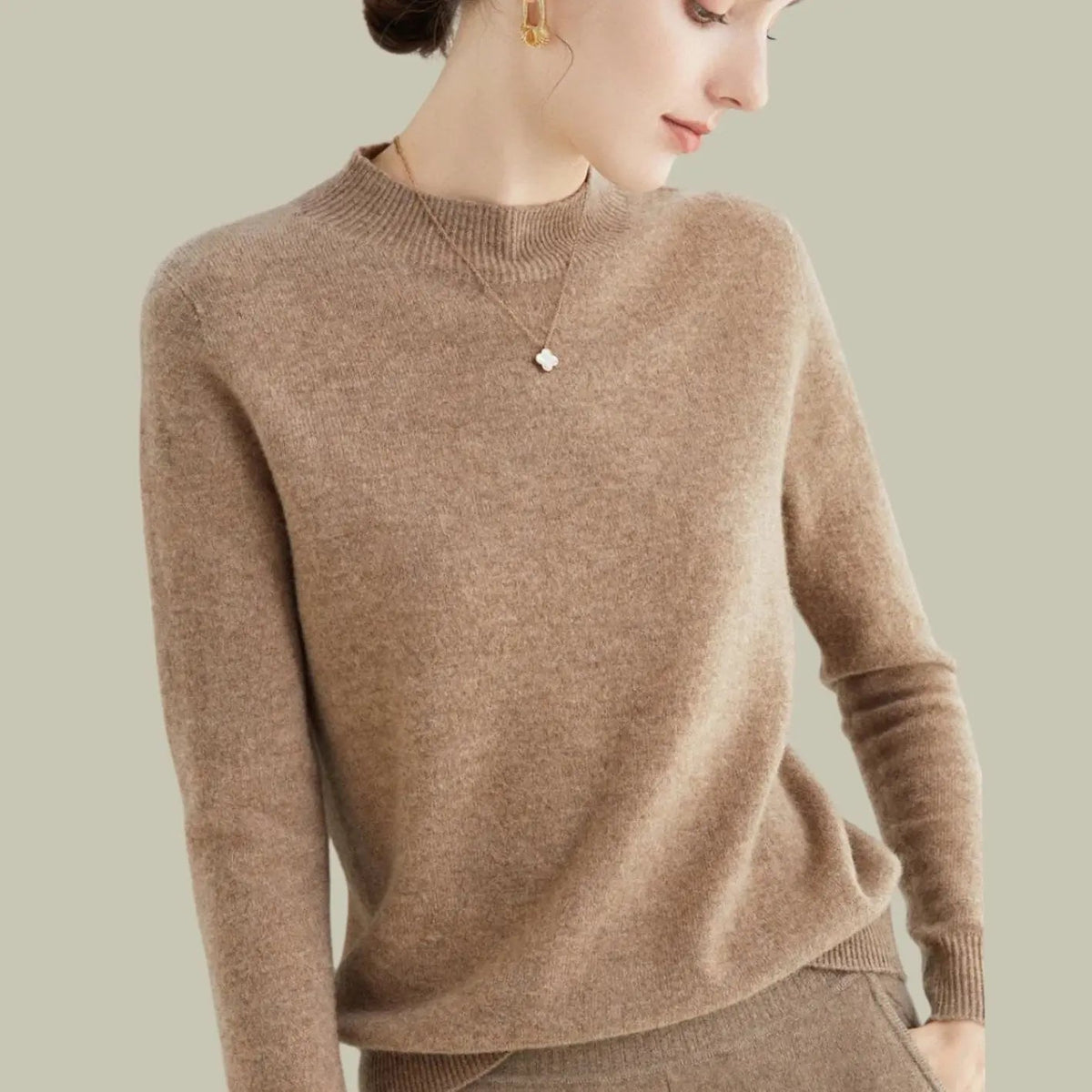 Pull en maille à manches longues pour femme, en laine mérinos, à col montant