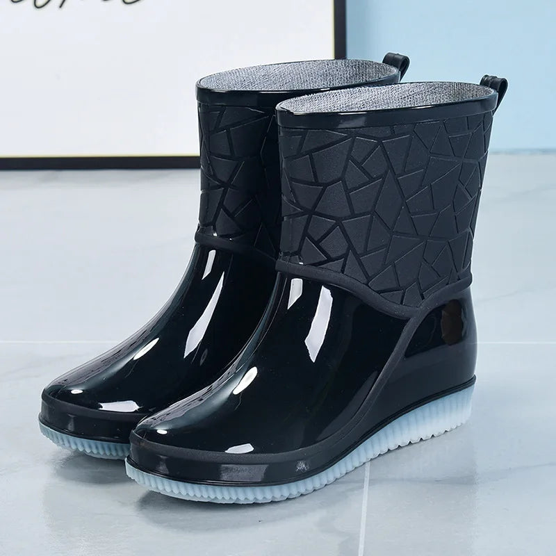 Women's Mid-Calf Waterproof Patterned Rain Boots with Non-Slip Sole