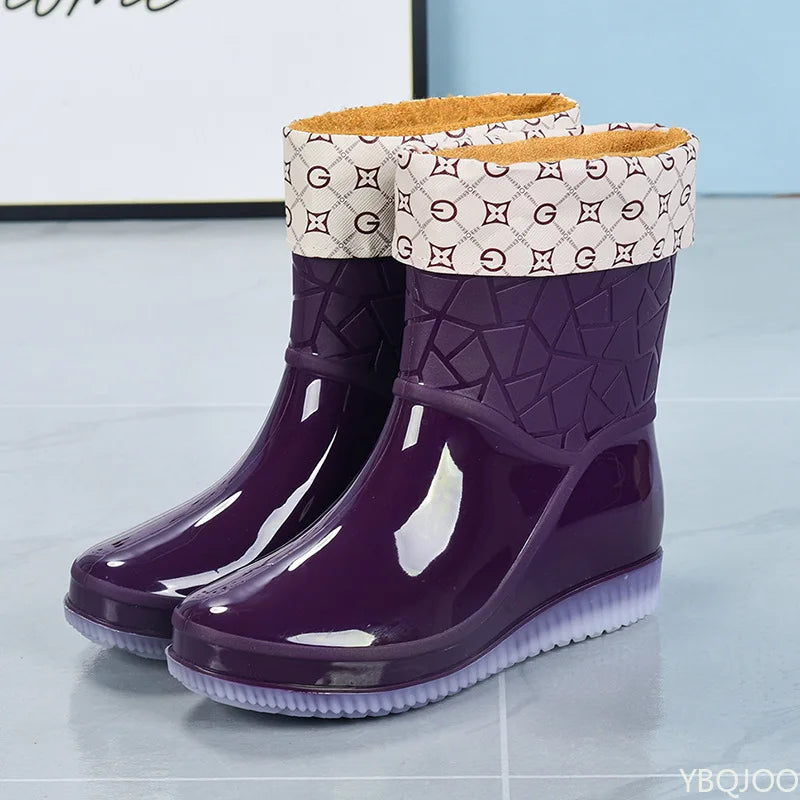 Women's Mid-Calf Waterproof Patterned Rain Boots with Non-Slip Sole