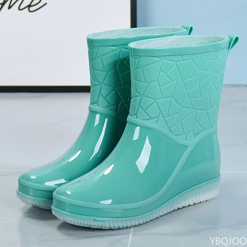 Women's Mid-Calf Waterproof Patterned Rain Boots with Non-Slip Sole