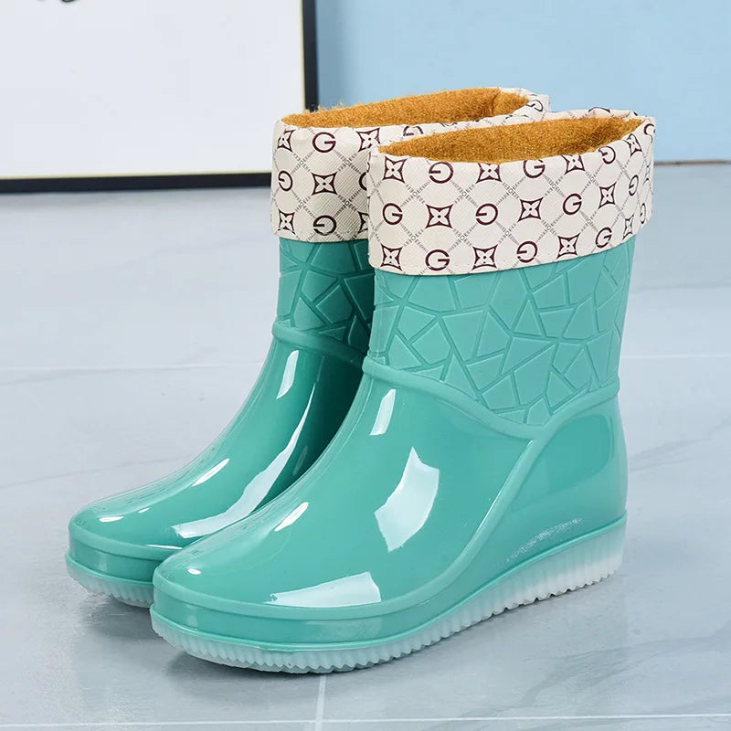 Women's Mid-Calf Waterproof Patterned Rain Boots with Non-Slip Sole