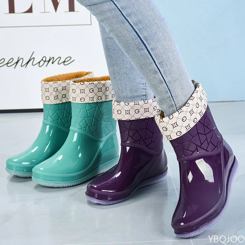 Women's Mid-Calf Waterproof Patterned Rain Boots with Non-Slip Sole
