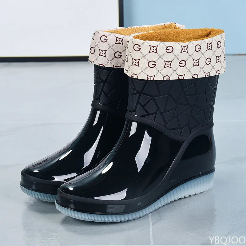 Women's Mid-Calf Waterproof Patterned Rain Boots with Non-Slip Sole