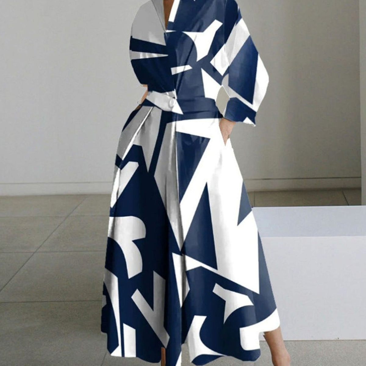 Women's Newspaper Print Collared Wrap-Front Maxi Shirt Dress