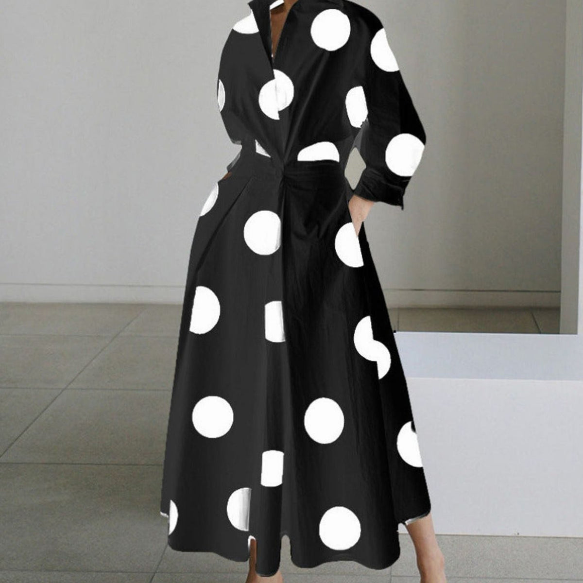 Women's Newspaper Print Collared Wrap-Front Maxi Shirt Dress