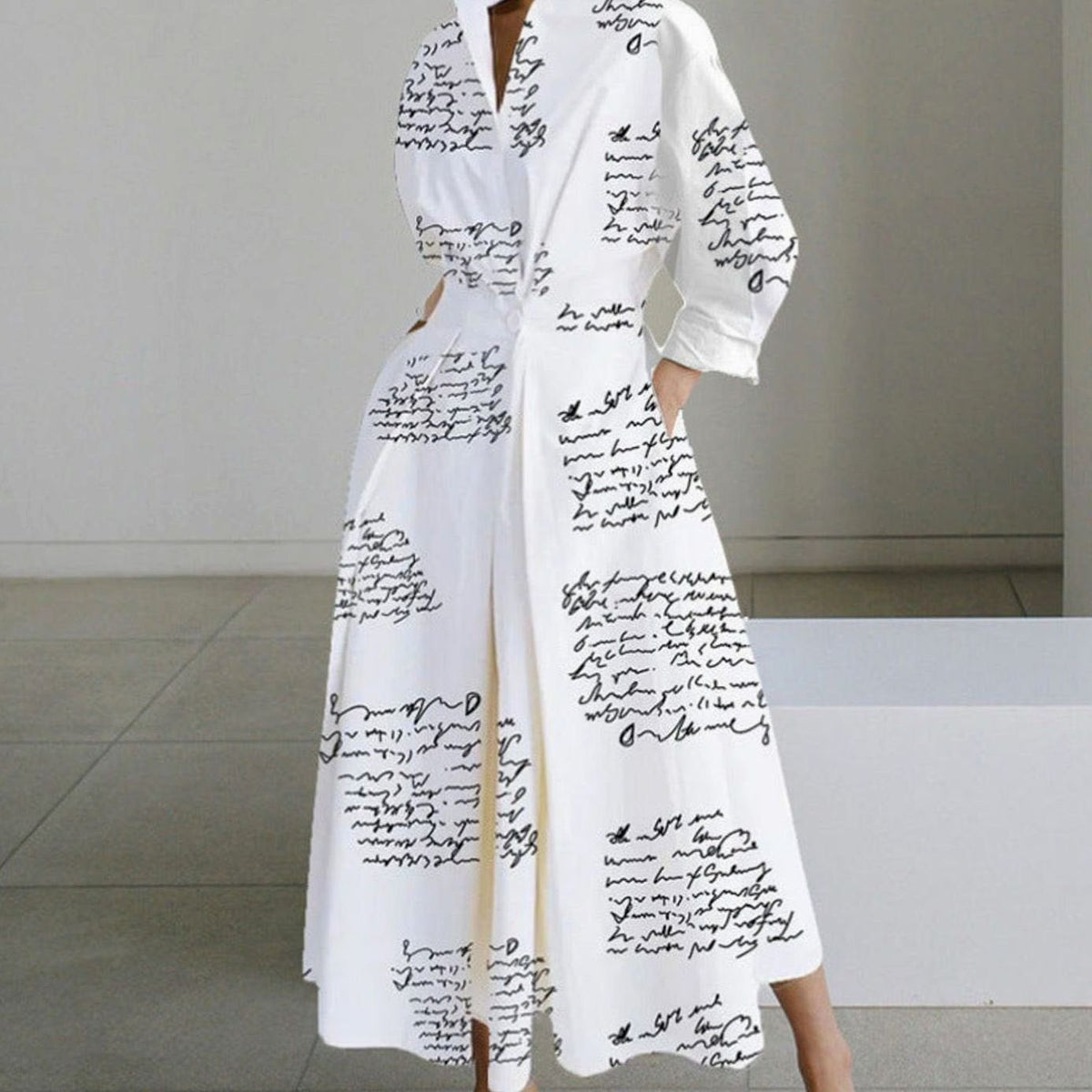 Women's Newspaper Print Collared Wrap-Front Maxi Shirt Dress