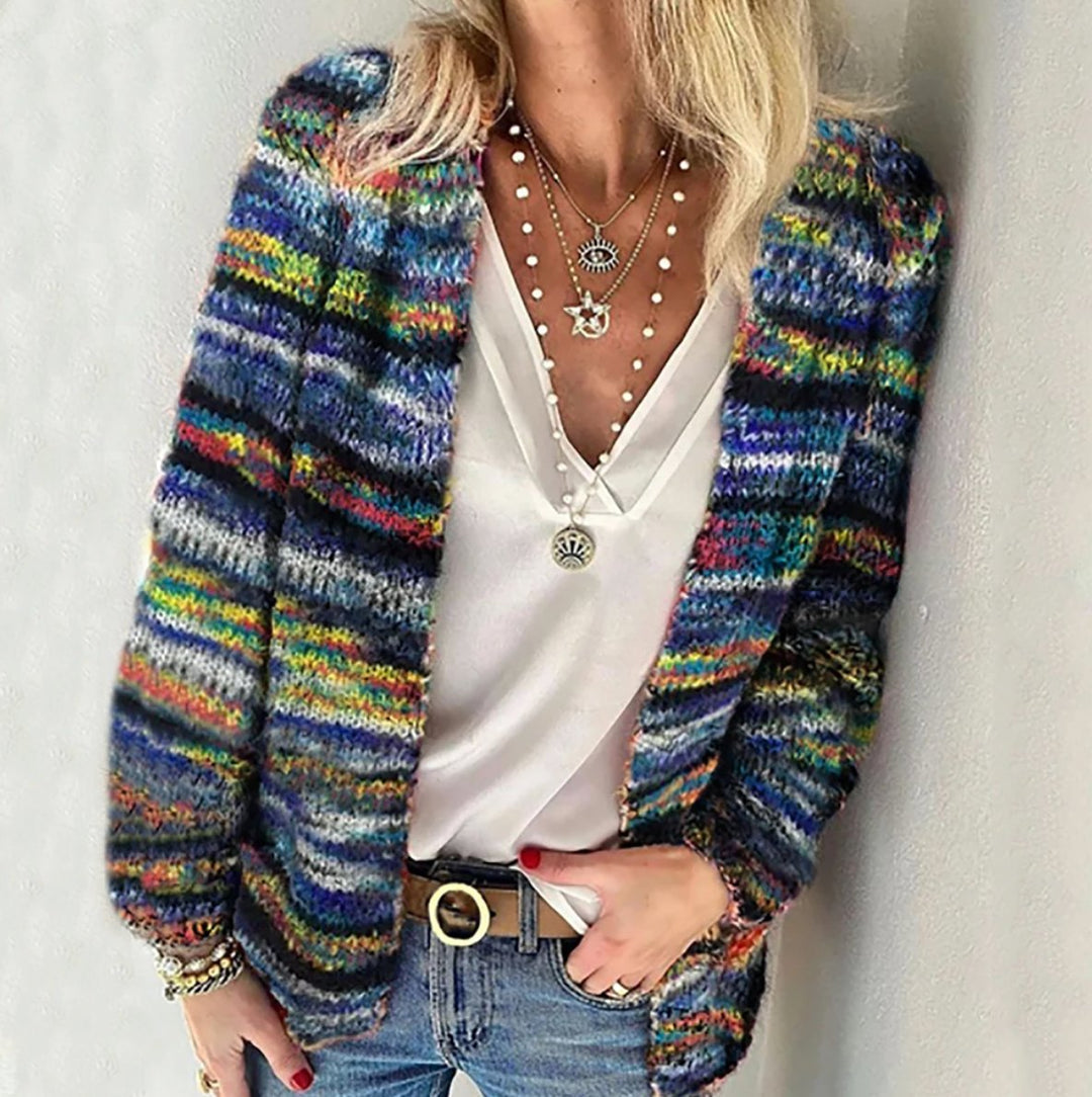 Women's Open-Front Striped Chunky Knit Cardigan
