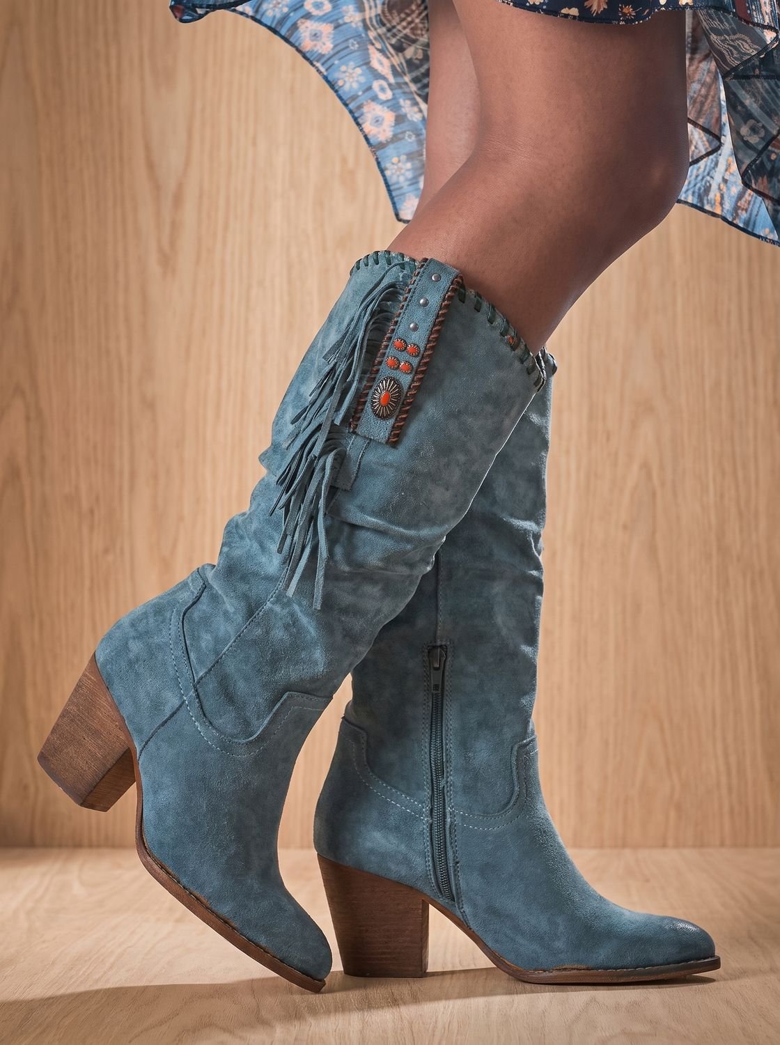 Bottes western orthopédiques à franges pour femme, montant jusqu’au genou