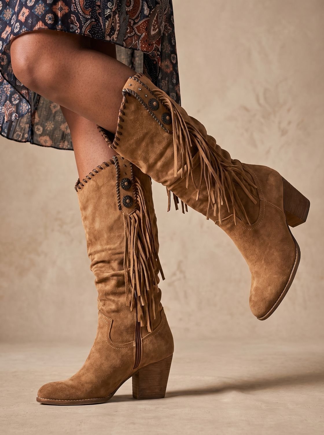 Bottes western orthopédiques à franges pour femme, montant jusqu’au genou