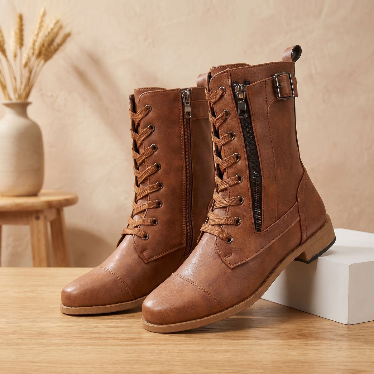 Women's Orthopedic Lace-Up Combat Boots with Wide Toe Box