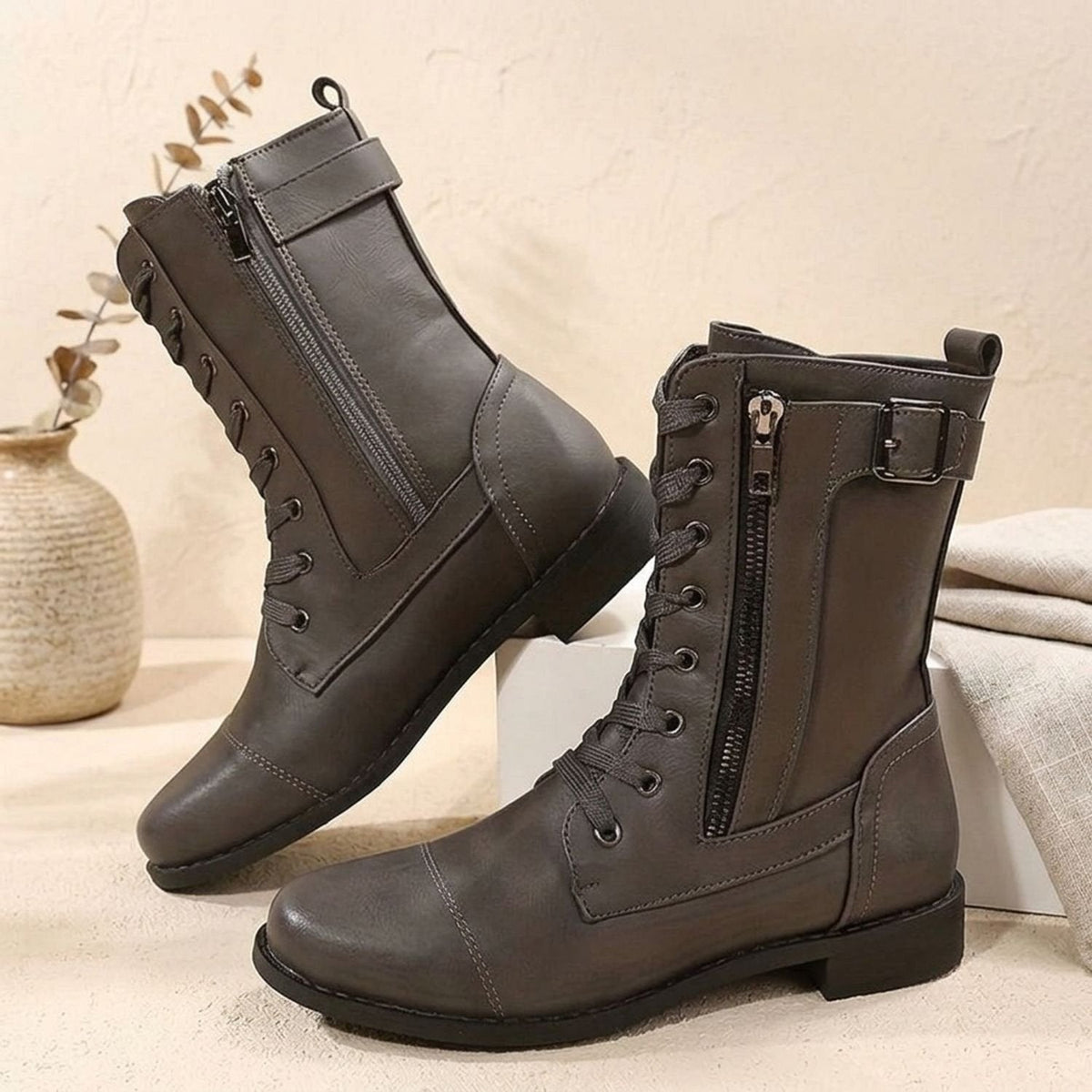 Women's Orthopedic Lace-Up Combat Boots with Wide Toe Box