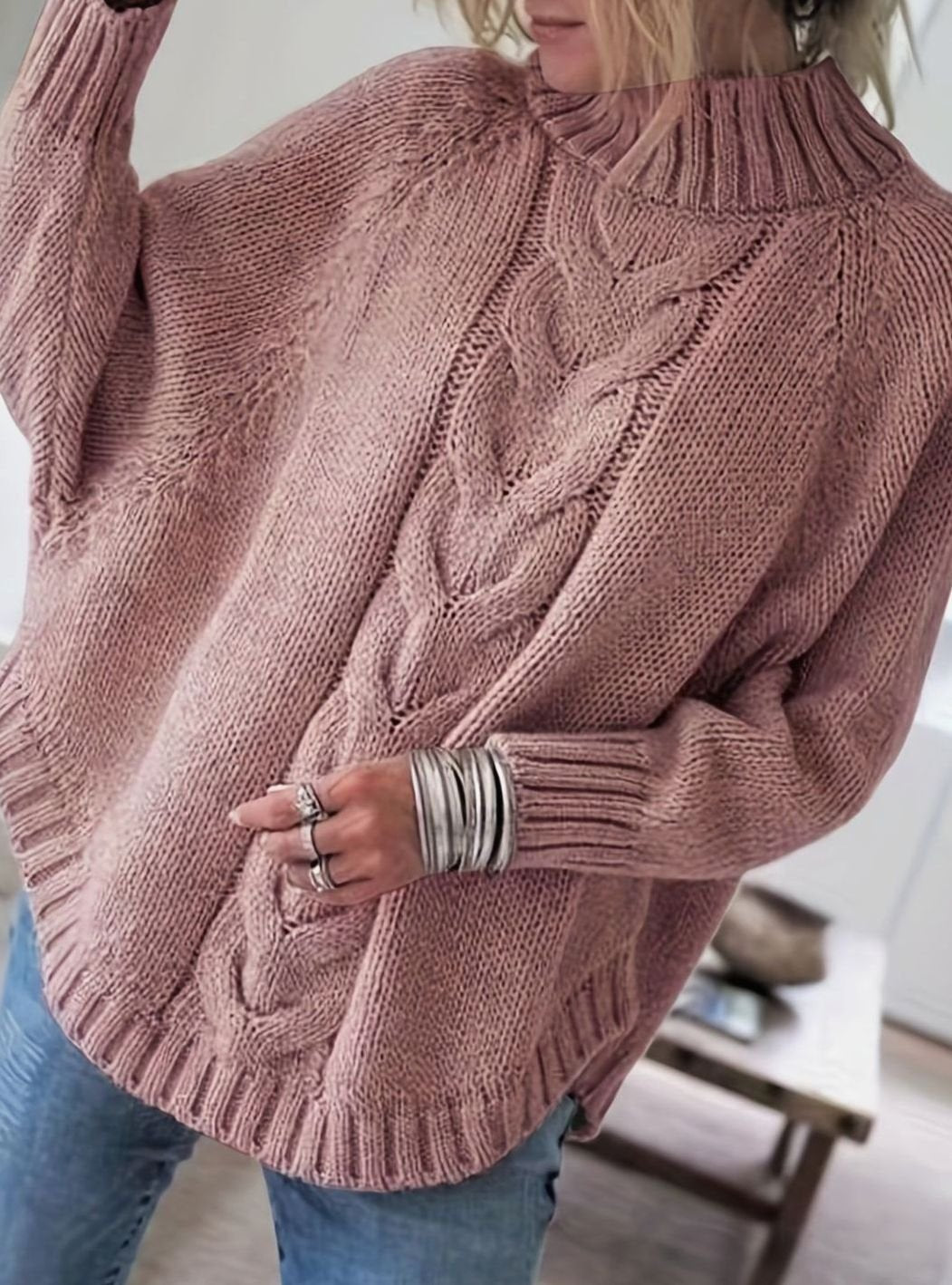 Women's Oversized Cable Knit High-Neck Sweater