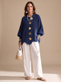 Women's Oversized Collared Knit Cardigan with Gold Buttons
