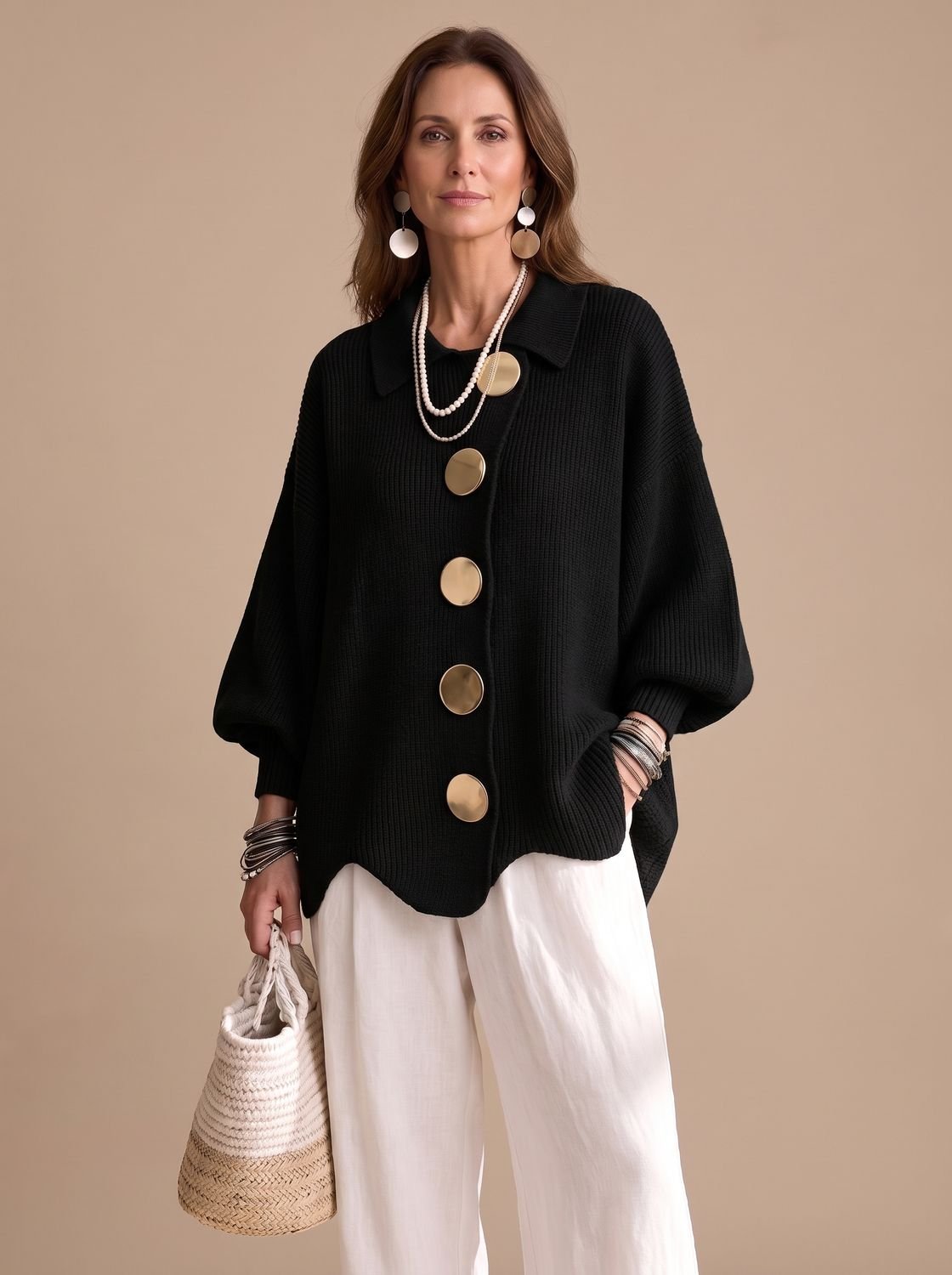 Women's Oversized Collared Knit Cardigan with Gold Buttons