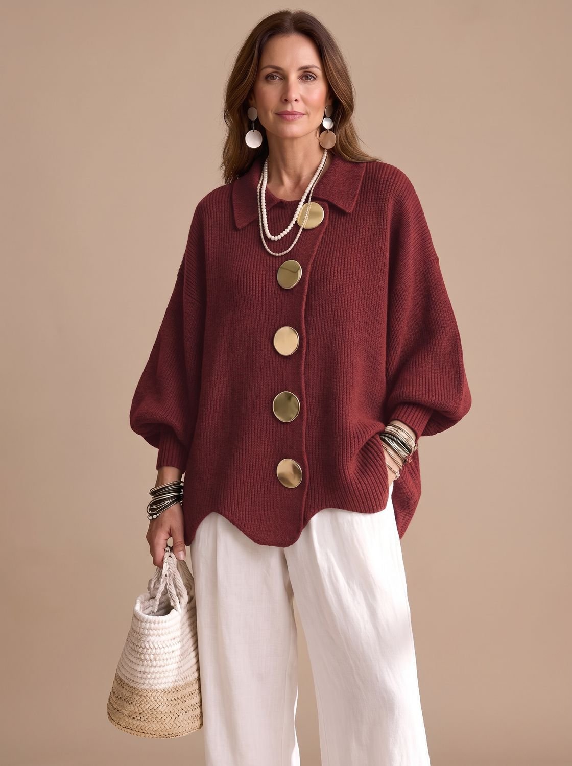 Women's Oversized Collared Knit Cardigan with Gold Buttons
