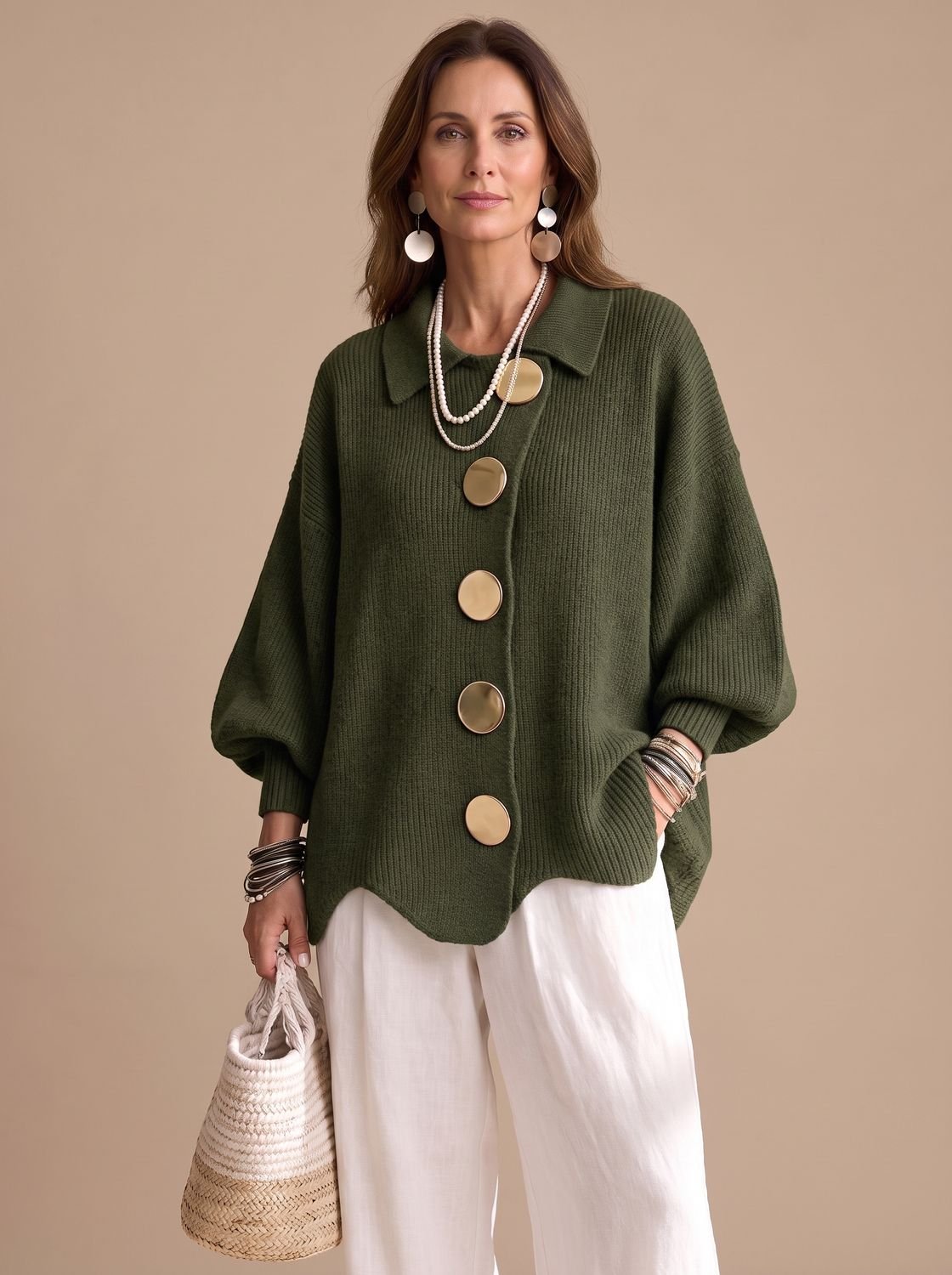 Women's Oversized Collared Knit Cardigan with Gold Buttons