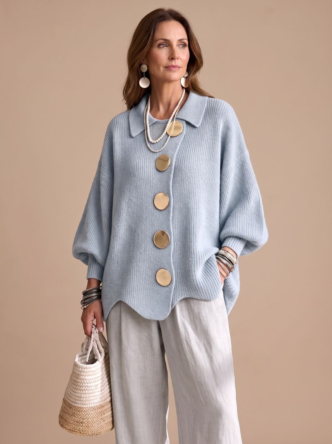 Women's Oversized Collared Knit Cardigan with Gold Buttons