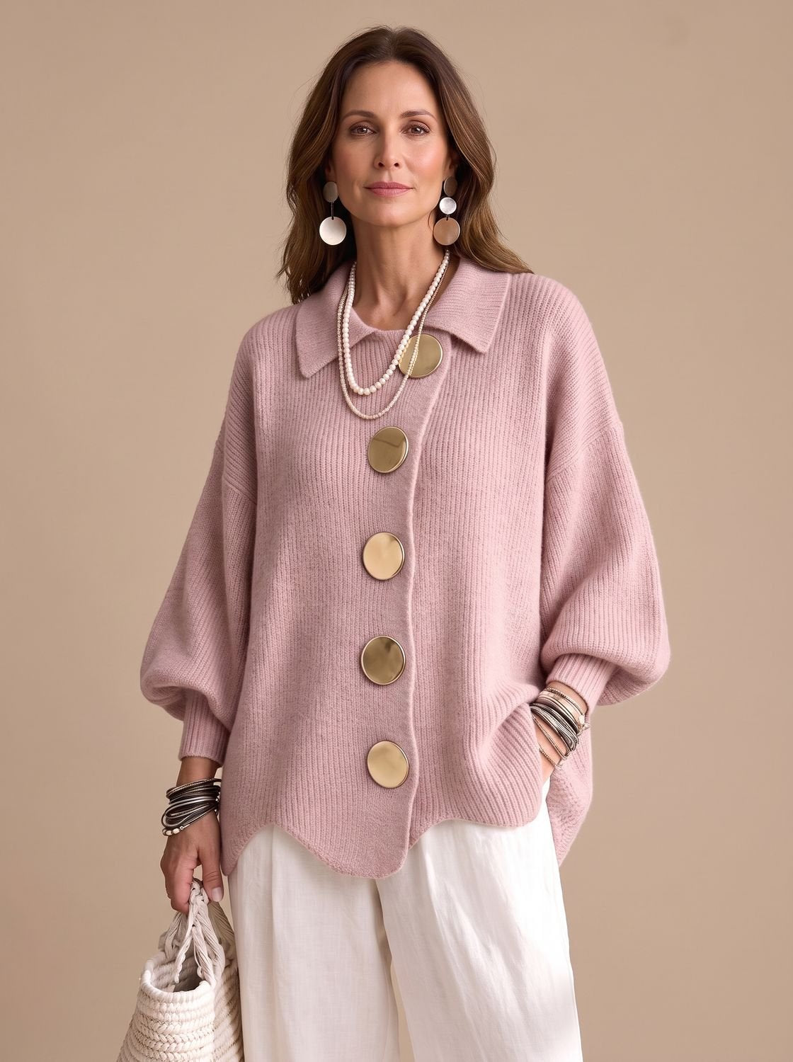 Women's Oversized Collared Knit Cardigan with Gold Buttons