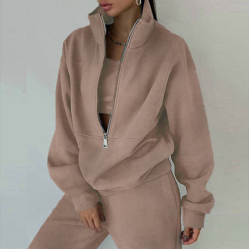 Women's Oversized Crop Half-Zip Sweatshirt and Joggers Set in Soft French Terry