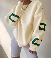 Women's Oversized Fleece-Lined Varsity Sleeve Crewneck Sweatshirt