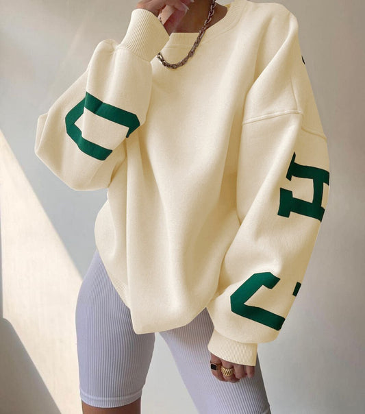 Women's Oversized Fleece-Lined Varsity Sleeve Crewneck Sweatshirt