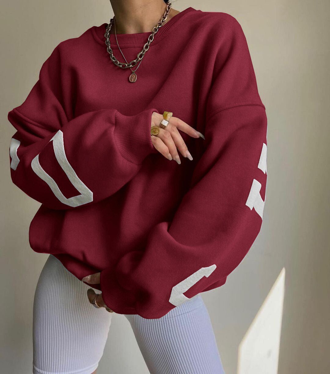 Women's Oversized Fleece-Lined Varsity Sleeve Crewneck Sweatshirt