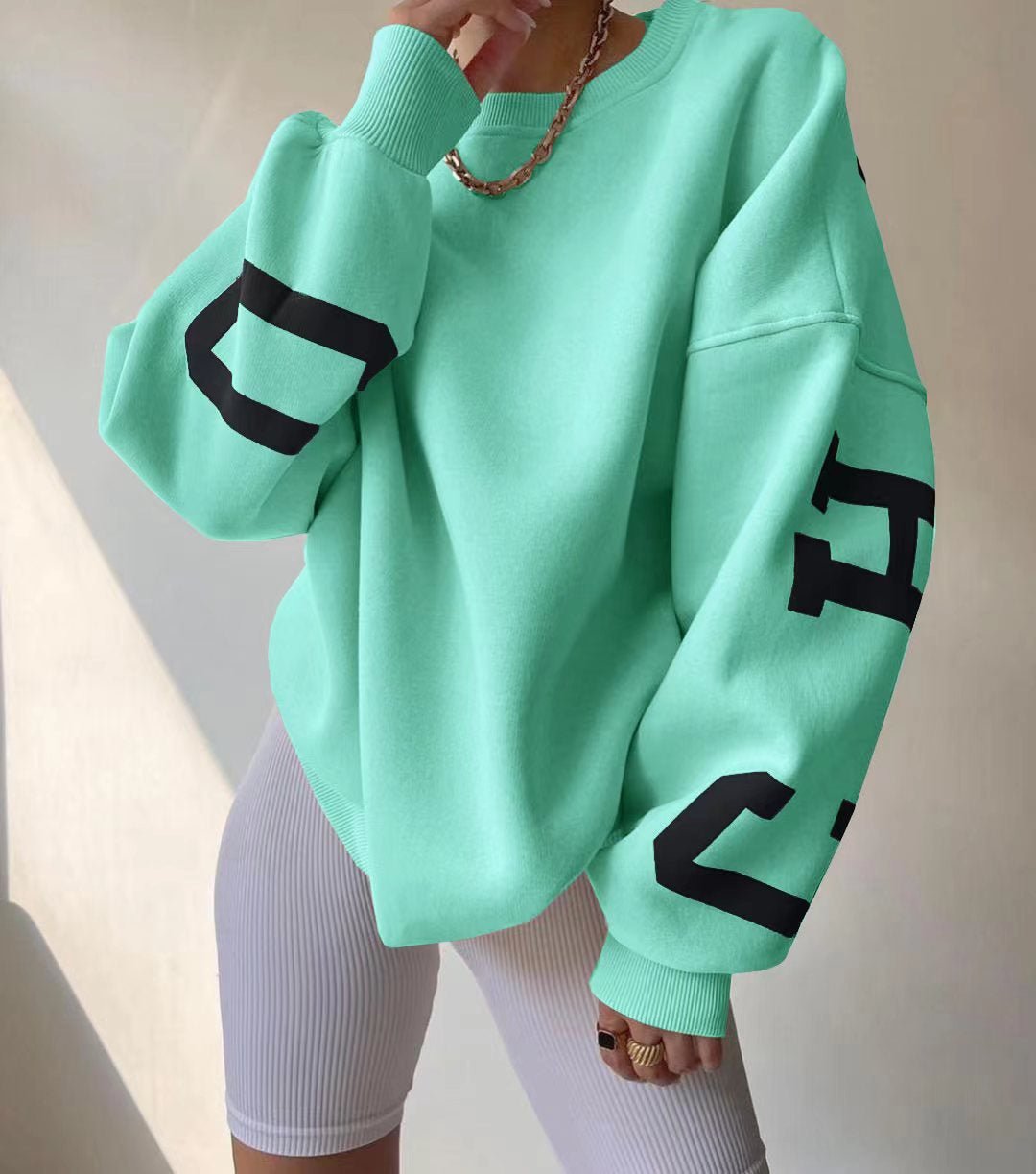 Women's Oversized Fleece-Lined Varsity Sleeve Crewneck Sweatshirt