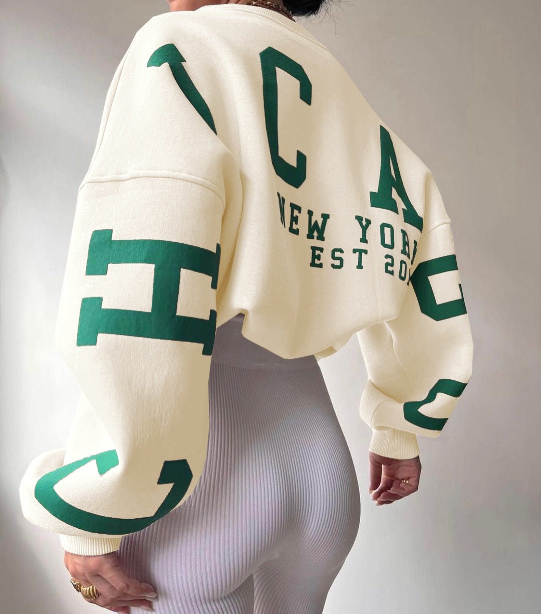 Women's Oversized Fleece-Lined Varsity Sleeve Crewneck Sweatshirt