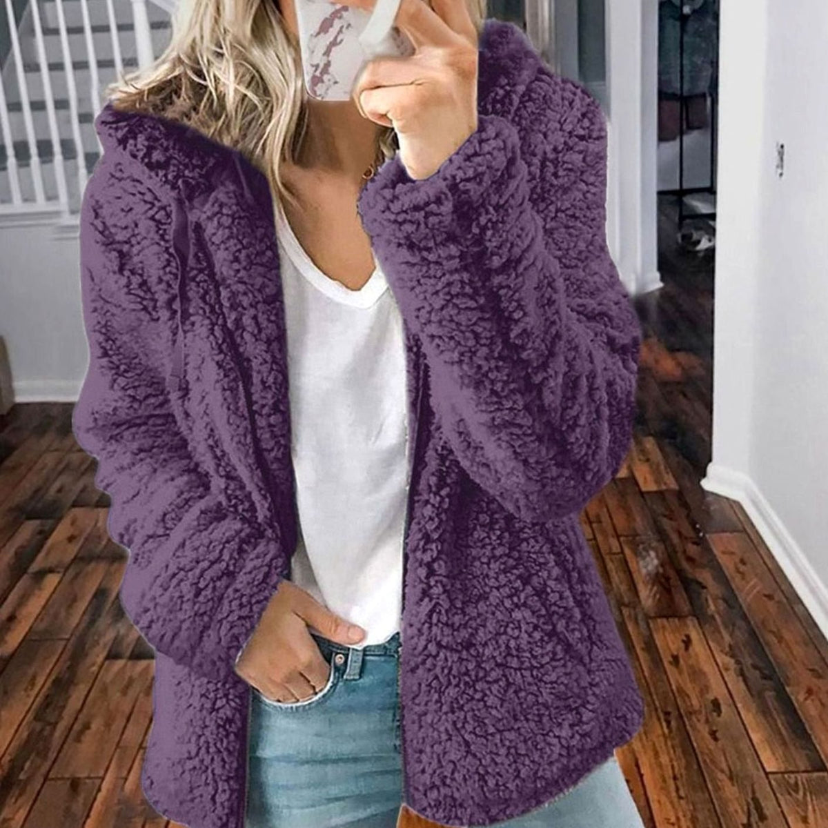 Women's Oversized Hooded Teddy Fleece Zip-Up Coat